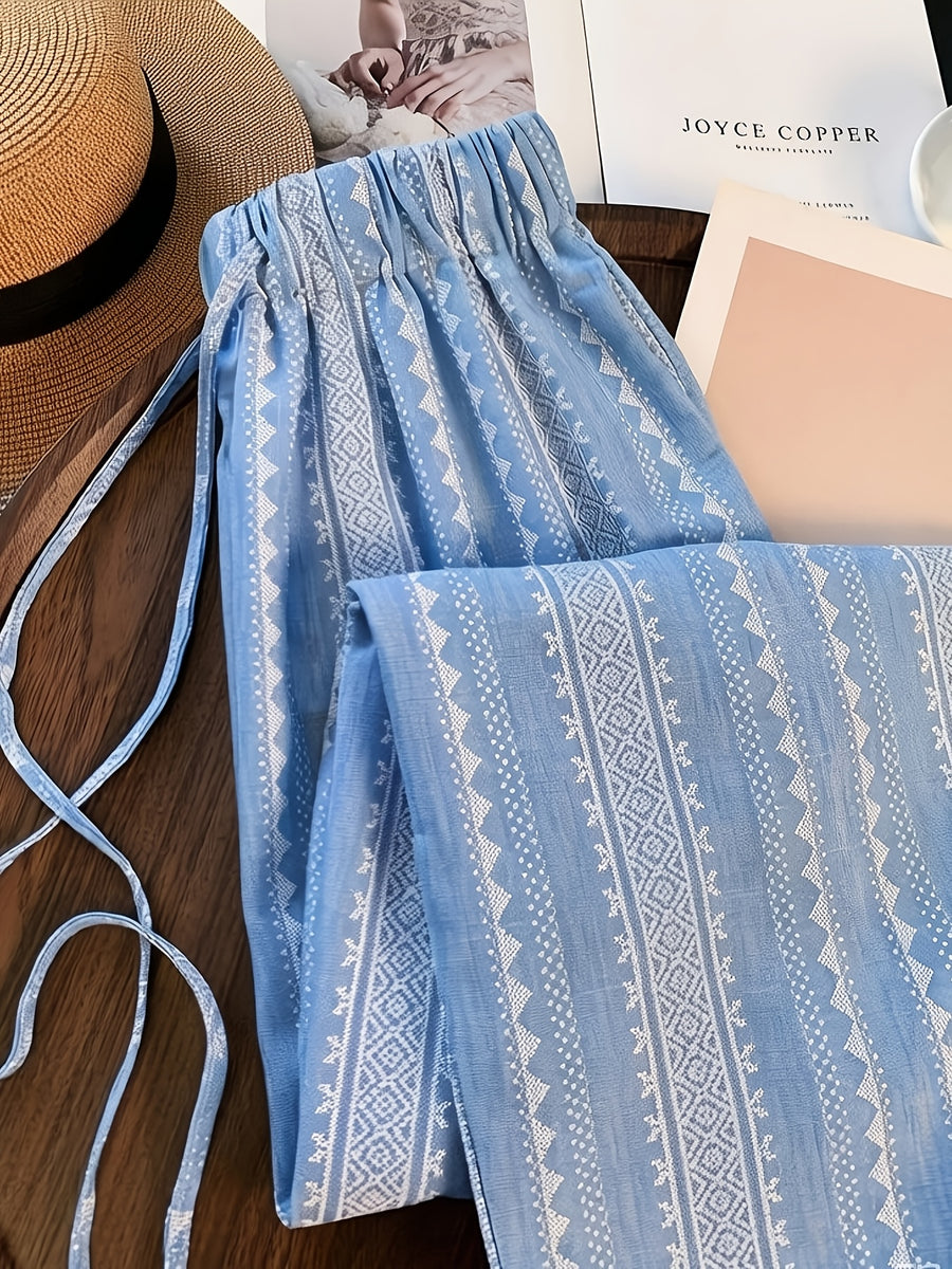 Holiday Ethnic Style Printed High-waisted Loose-fitting Wide-leg Pants - Sky Blue