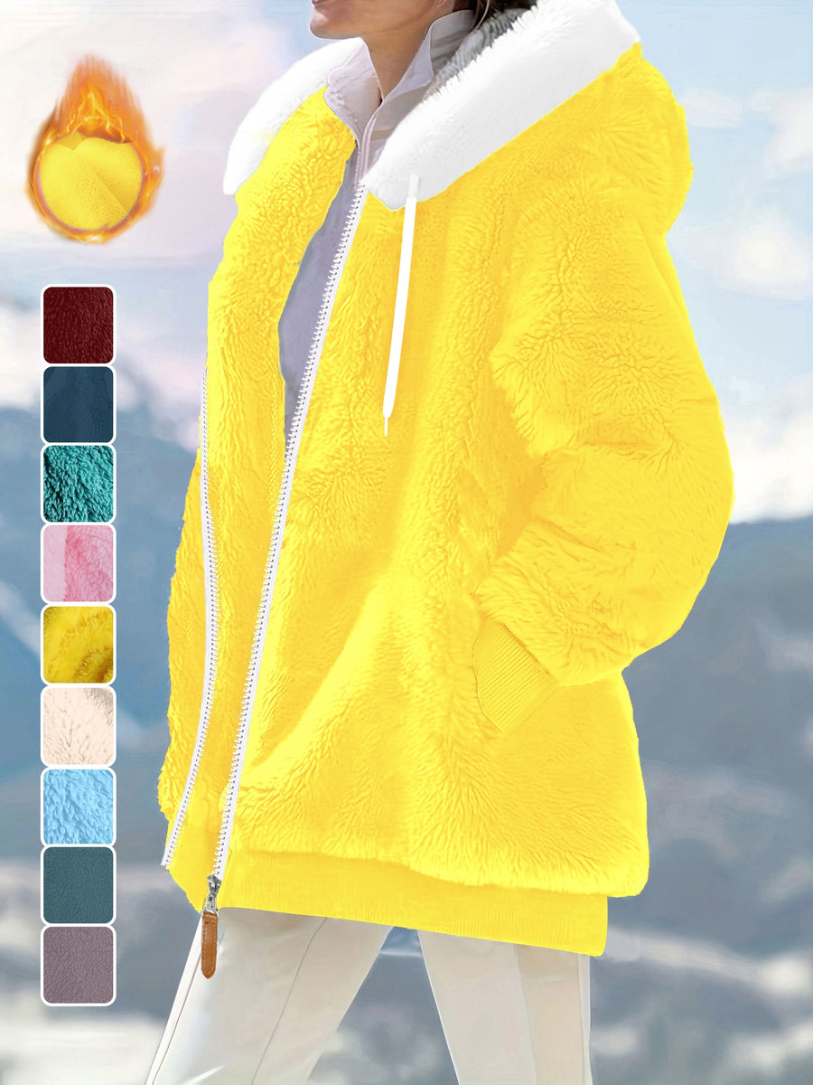 Ladies Autumn Winter Relaxed Cut Plush Hooded Outercoat, Contrast Color Trim Zip Front Warm Lined Jacket, Ribbed Cuff Windproof Casual Outerwear for Daily Commuting and Cold Season Everyday Styling - Yellow