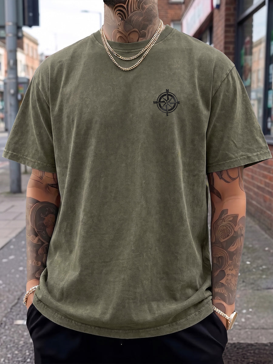Short Sleeve T-Shirt, Half-Sleeve Top, Pure Cotton Washed Distressed Loose Fit, Compass Print, Multiple Colors for Mix and Match, American Streetwear, Chinese National Trend, High Street, Hip-Hop, Y2K Style, Daily Streetwear, Sports - Military Green
