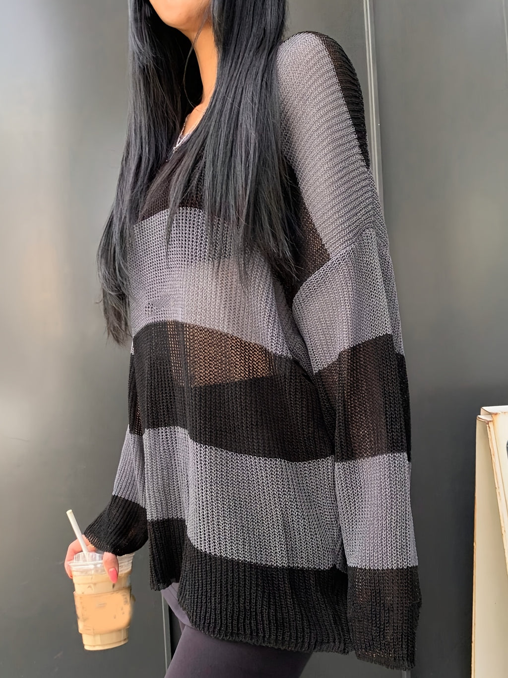 Casual spring, summer, and autumn Women's pullover, thin, medium length, striped shoulder long sleeved Fleece sweater, loose fitting soft and comfortable vacation outdoor Women's top - Deep Grey