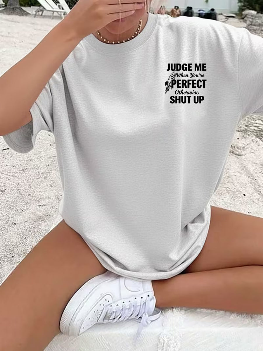 Women'S Crew Neck Double Sided Print Short Sleeve T-Shirt, Judge Me When You'Re Perfect Funny Slogan Rocket Graphic Front Back Tee, Loose Casual Basic Tops, Sassy Quote Printed Shirts for Daily Street Wear, Attitude Novelty Casual Outfit - White