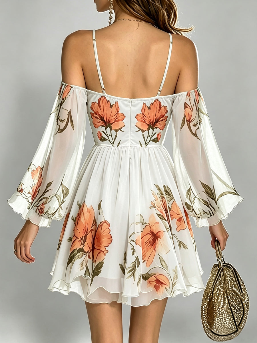 Women's Spring/Summer Casual Elegant Vacation Off-Shoulder V-Neck Printed Flared Sleeve Mini Dress ZLLZ - White