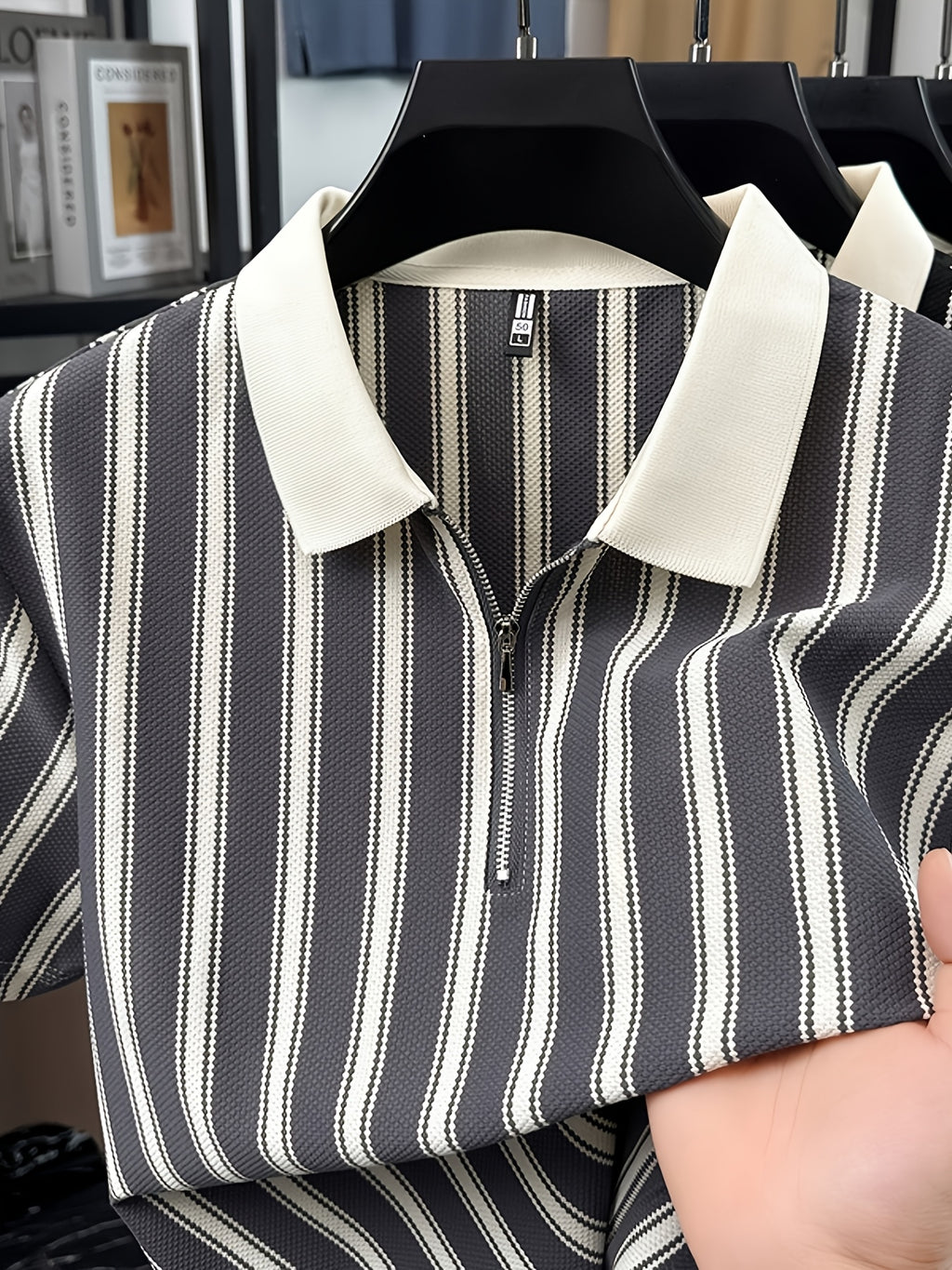 [Star Prosperity Selection] Summer Men'S Lapel Polo Shirt, Trendy Fashionable All-Match Zipper Striped Top, Business Casual Short Sleeve T-Shirt, Suitable for Daily Work Scenarios - Grey