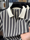 [Star Prosperity Selection] Summer Men'S Lapel Polo Shirt, Trendy Fashionable All-Match Zipper Striped Top, Business Casual Short Sleeve T-Shirt, Suitable for Daily Work Scenarios - Grey
