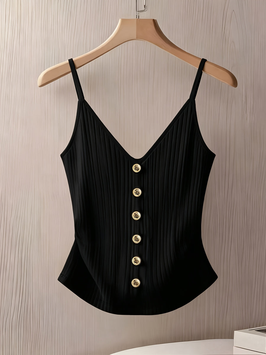 Elegant and Stylish New Summer Adult Solid Color Thin Strap V-Neck Button Decoration Waist-Cinching Slim-Fit Versatile Casual Women's Camisole ZLLZ - Black