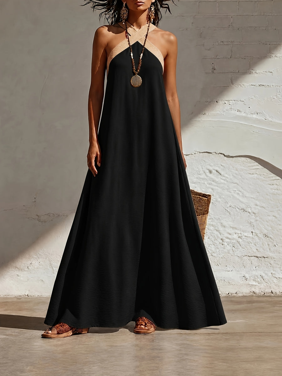 Elegant and Fashionable Women's Faux - Long Maxi Dress with Contrasting Colorblocking and A-line Hem, Featuring Crisscross Spaghetti Straps. Comfortable for Casual Outings, Vacations, Dates, and Romantic Beachwear, This Off-shoulder and Backless - Black