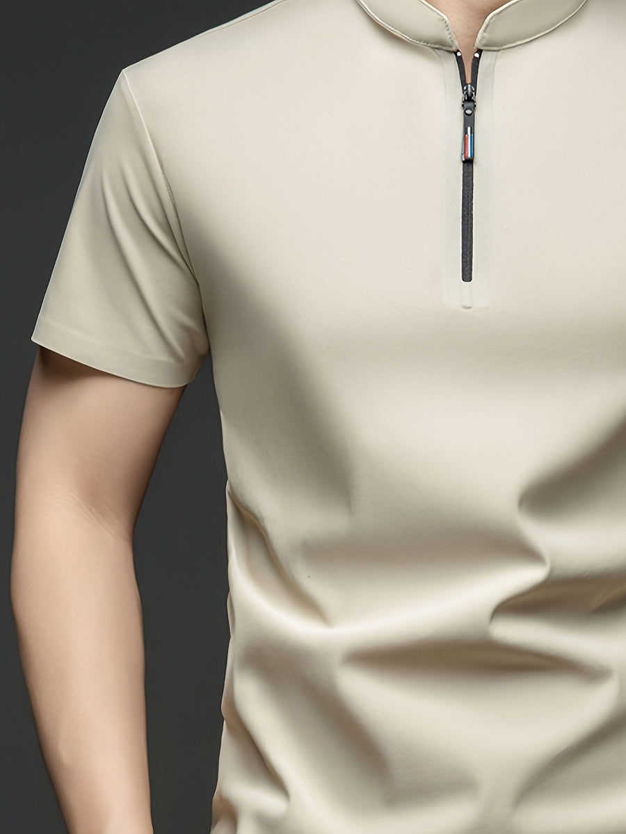Summer Men'S Short Sleeve T-Shirt, Classic Mandarin Collar with Half Zipper, Smooth And Wrinkle-Resistant, Self-Cooling, Good Drape, Essential Top for Daily, Dating, And Light Business - Warm White