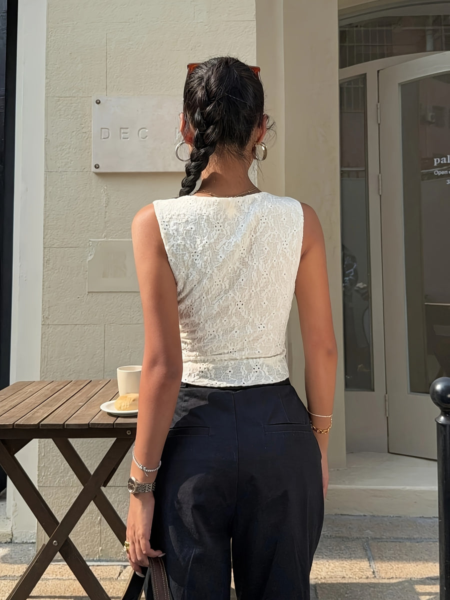 Elegant Printed Solid Color Top - White