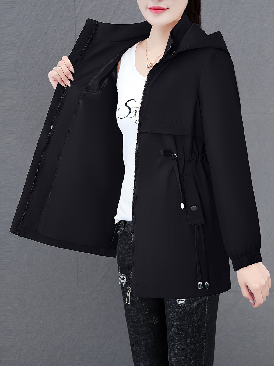 Newest Women'S Top Jacket Coat, Mid-Length Jacket, with Hood, Soft And Comfortable Fabric, 100 Fiber Material, Versatile Casual Style, Suitable for Spring, Autumn And Winter, with Drawstring Waist - Black