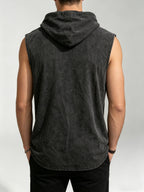 Men's Vintage Hooded Tank Top - Dark Gray/Black Vintage Washed Effect - Regular Fit Top - Unisex Daily Street Style Casual Sleeveless Top - Summer Comfort Style - Black