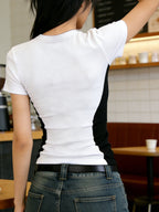 Summer Color-Block Slim-Fit T-Shirt, Crew Neck with Set-In Shoulder, and Figure-Flattering Base Layer Top - White