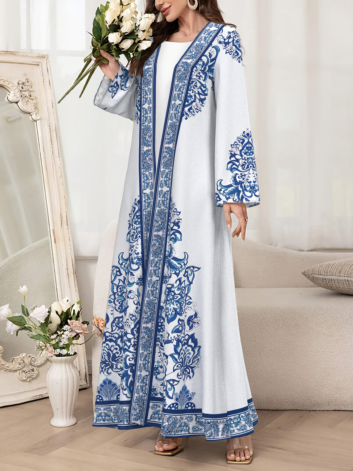 Middle East Dubai Muslim Abaya Robe Women'S Fashion Floral Print Loose Long Cardigan Elegant Outerwear - Mixed colors