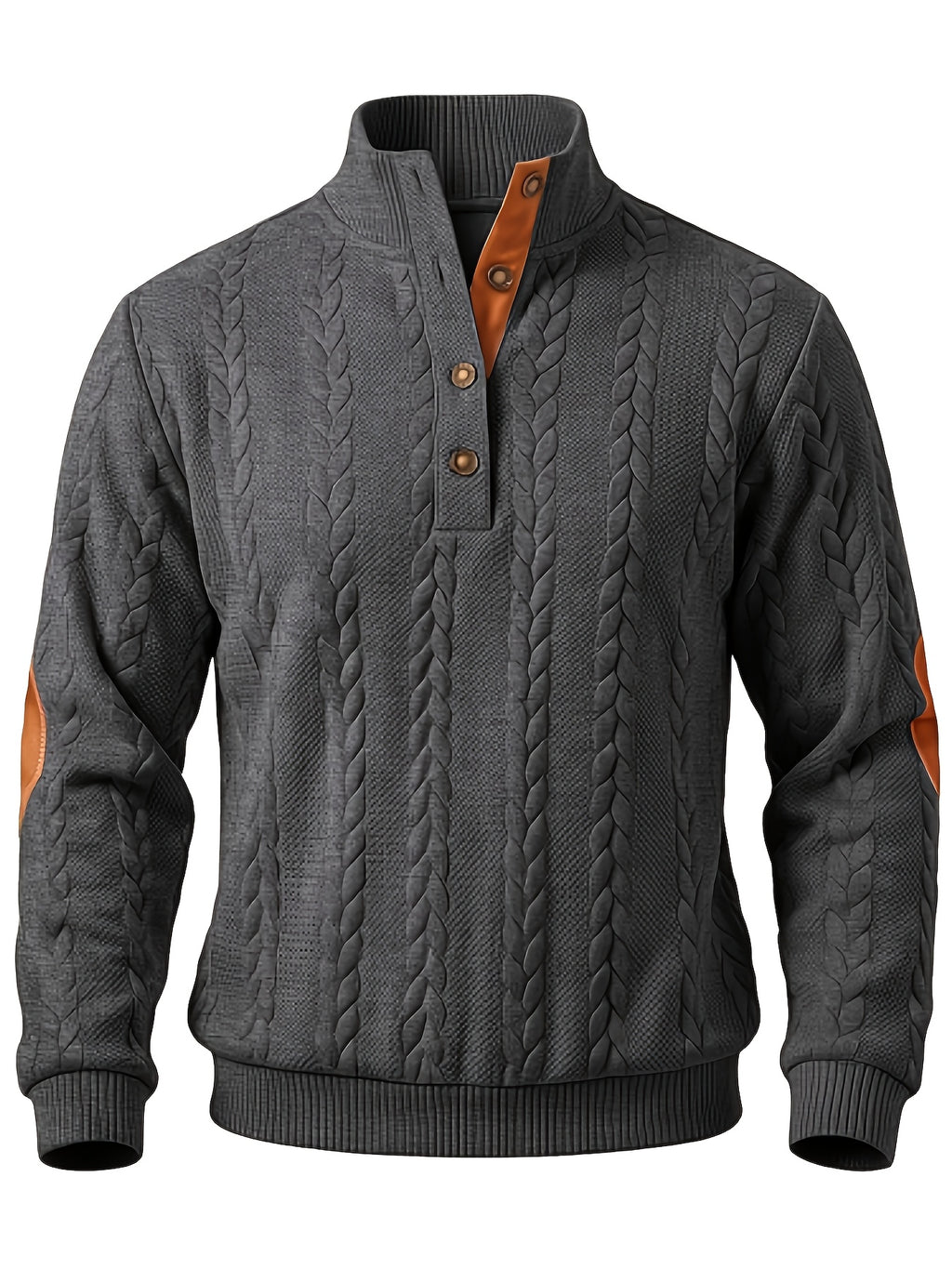 Men'S Casual Long Sleeve Knit Sweater, Textured Cable And Diamond Pattern, Stand Collar with Button Placket, Contrast Elbow Patch Details, Ribbed Cuffs And Hem, Ideal for Fall Winter Work, Travel, Golf And Daily Wear - Dark Gray