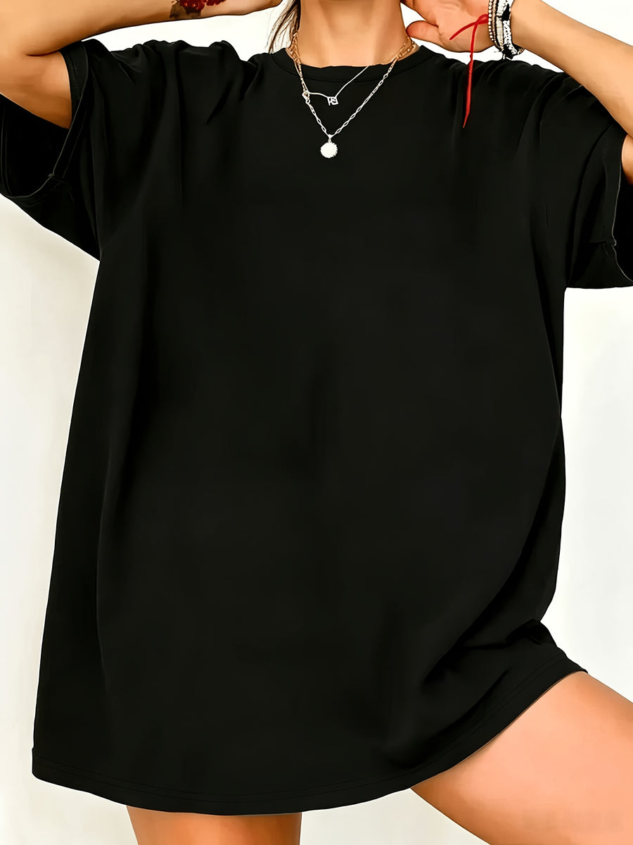 Plus Size Women'S Top, Solid Color No Print Single Piece Top, Fashion Round Neck Plus Size T-Shirt, Spring Summer Outing Solid Fashion Top, Affordable Top, Multi-Color Optional, No Print Solid T-Shirt, Easy Affordable, Home Outing Travel Wear - Black