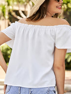 Women'S Spring Summer New Fashion Solid Color Minimalist Off-Shoulder Blouse with Fabric Ruffle Trim - Versatile Short-Sleeve Top for Casual, Vacation And Daily Dates - White