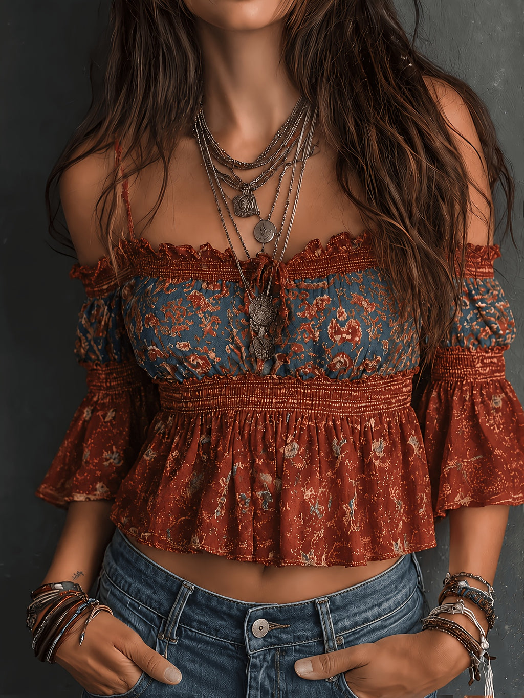 One-Shoulder Top for Women, Retro Printed Off-Shoulder Ruffled Short Blouse, Atmospheric Exotic Style Versatile Top - Red
