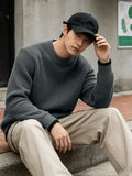 Autumn Winter Men'S Waffle Knit Round Neck Pullover Sweater, Faux Two-Piece Color Blocked Trim Long Sleeve Knit Top, Loose Drop Shoulder Warm Sweater, Suitable for Daily Commute Casual Wear - Charcoal