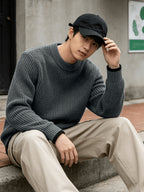 Autumn Winter Men'S Waffle Knit Round Neck Pullover Sweater, Faux Two-Piece Color Blocked Trim Long Sleeve Knit Top, Loose Drop Shoulder Warm Sweater, Suitable for Daily Commute Casual Wear - Charcoal