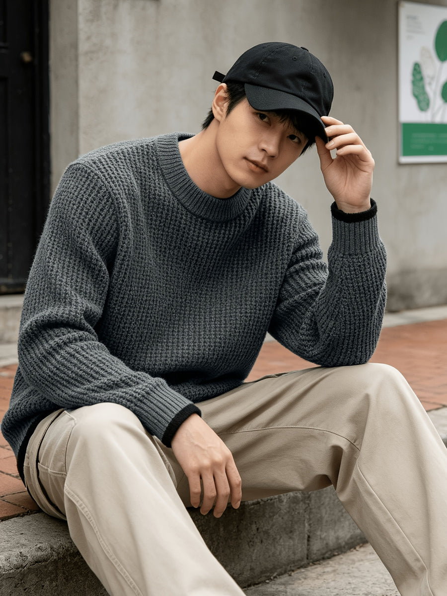 Autumn Winter Men'S Waffle Knit Round Neck Pullover Sweater, Faux Two-Piece Color Blocked Trim Long Sleeve Knit Top, Loose Drop Shoulder Warm Sweater, Suitable for Daily Commute Casual Wear - Charcoal