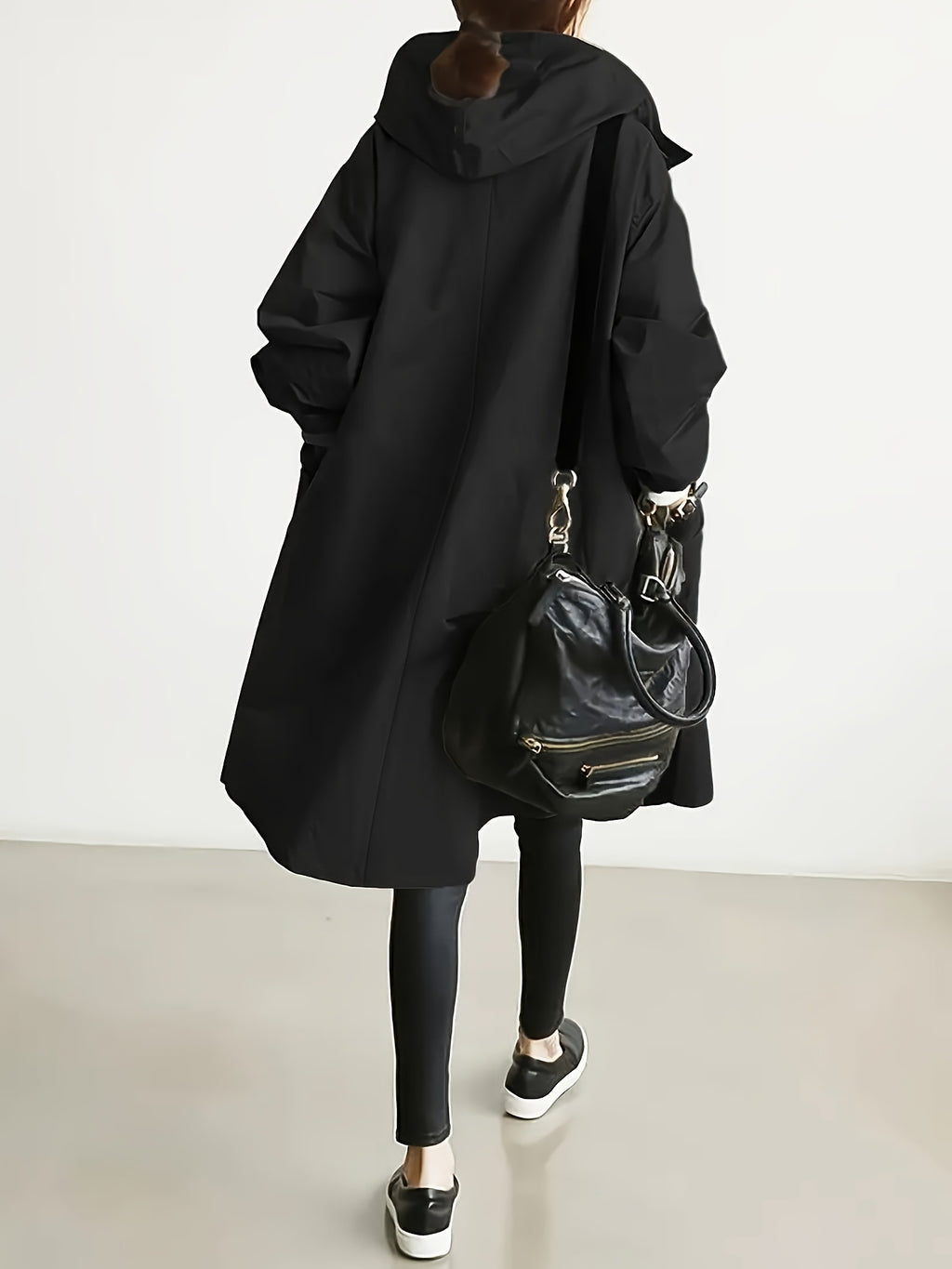 Solid Color Stylish Casual Loose Hooded Jacket with Lining - Black