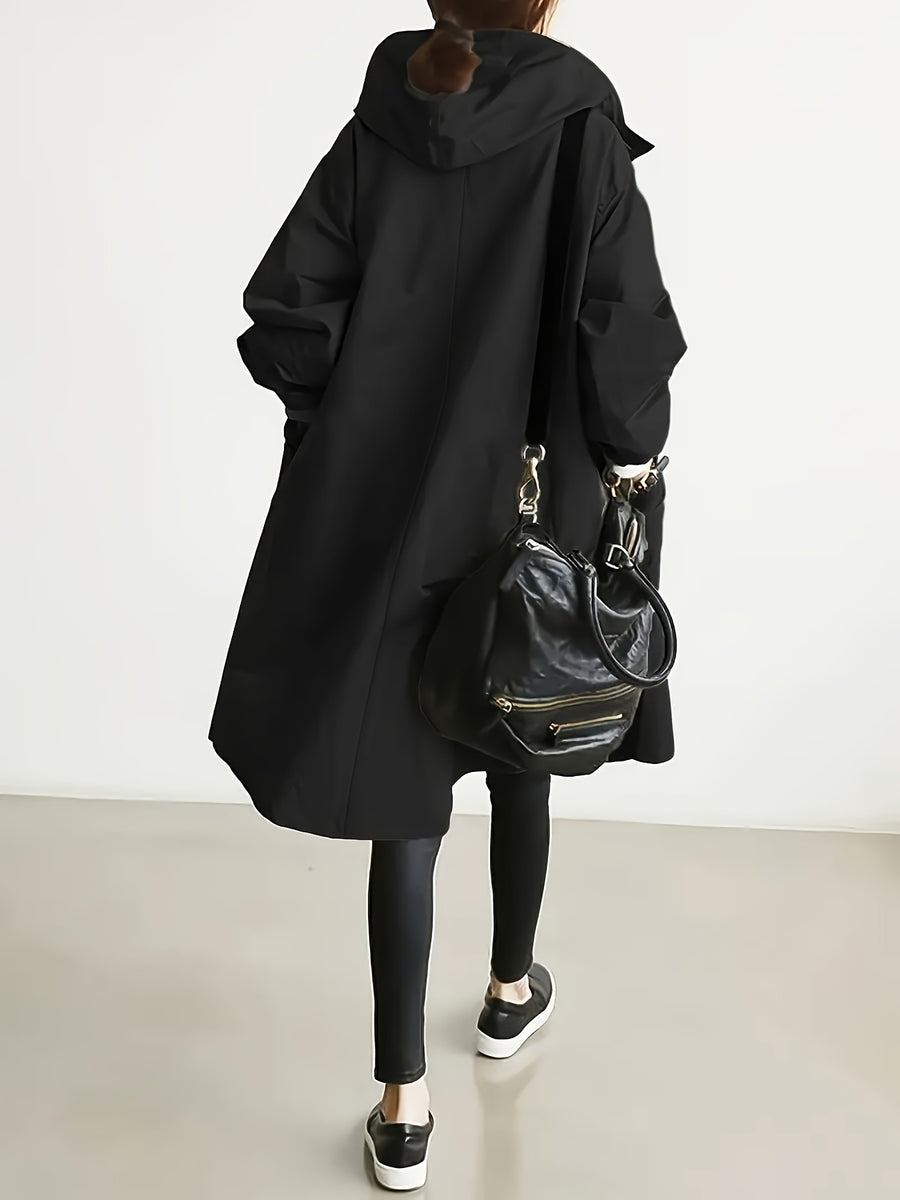 Solid Color Stylish Casual Loose Hooded Jacket with Lining - Black
