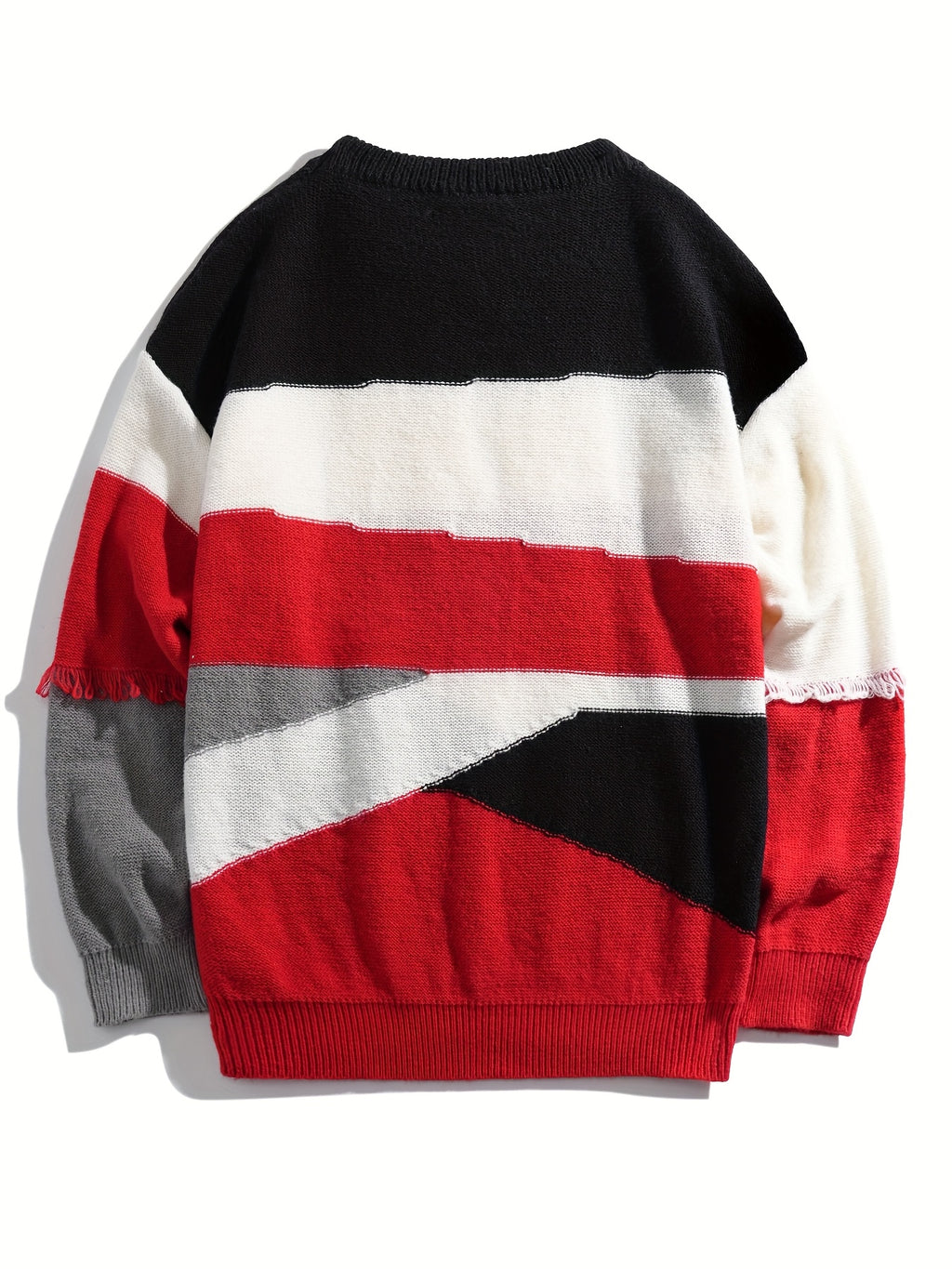 Men'S Color Block Fringe Sweater - Soft Knit Loose Fit Long Sleeve Winter Warmth - Red