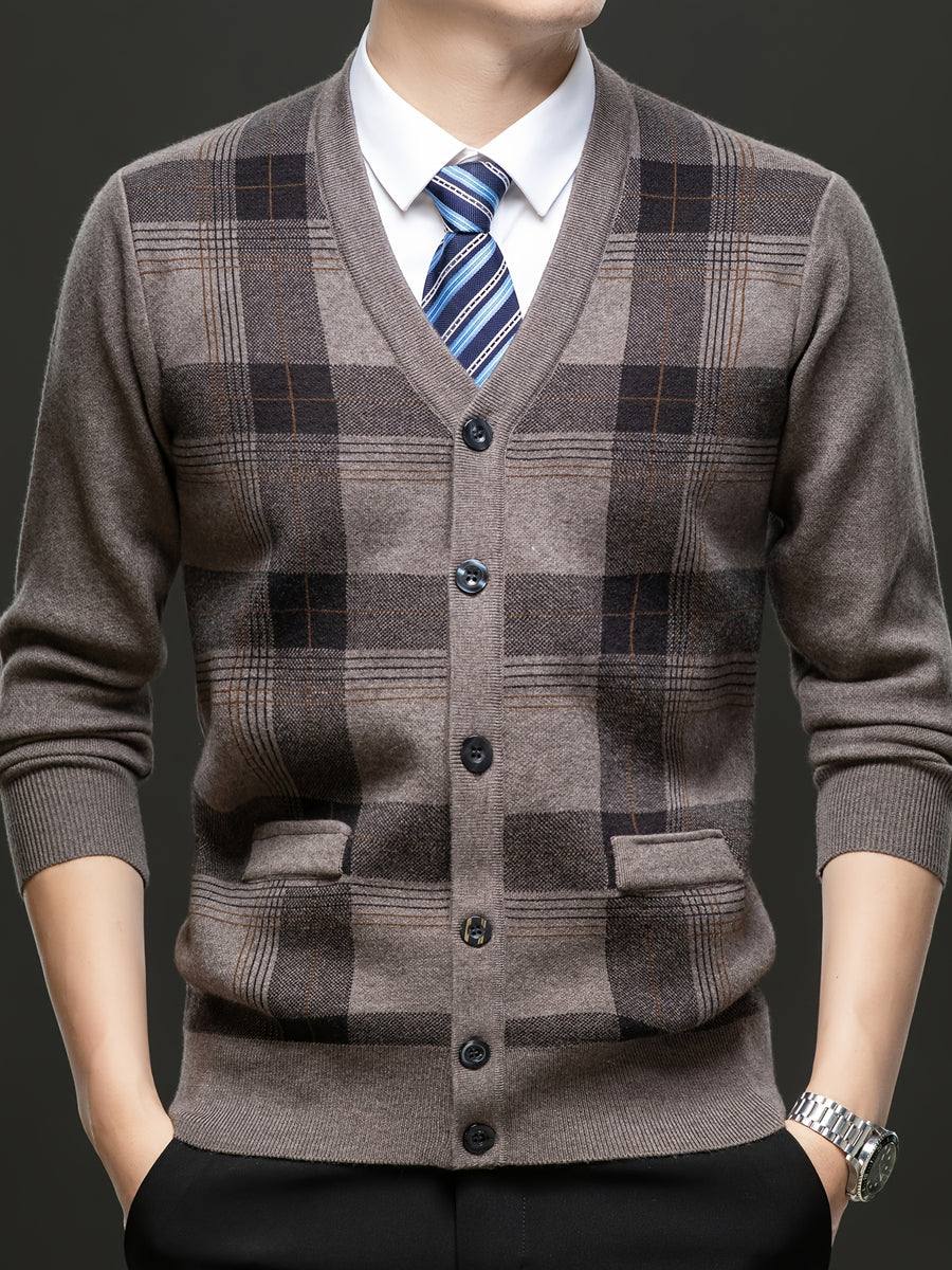 Men's Autumn and Winter Knitted Cardigan Sweater, Classic Striped Design Thickened with Pockets, Gift for Men, Suitable for Casual, Business, and Sports Knitted Outerwear Top - Camel