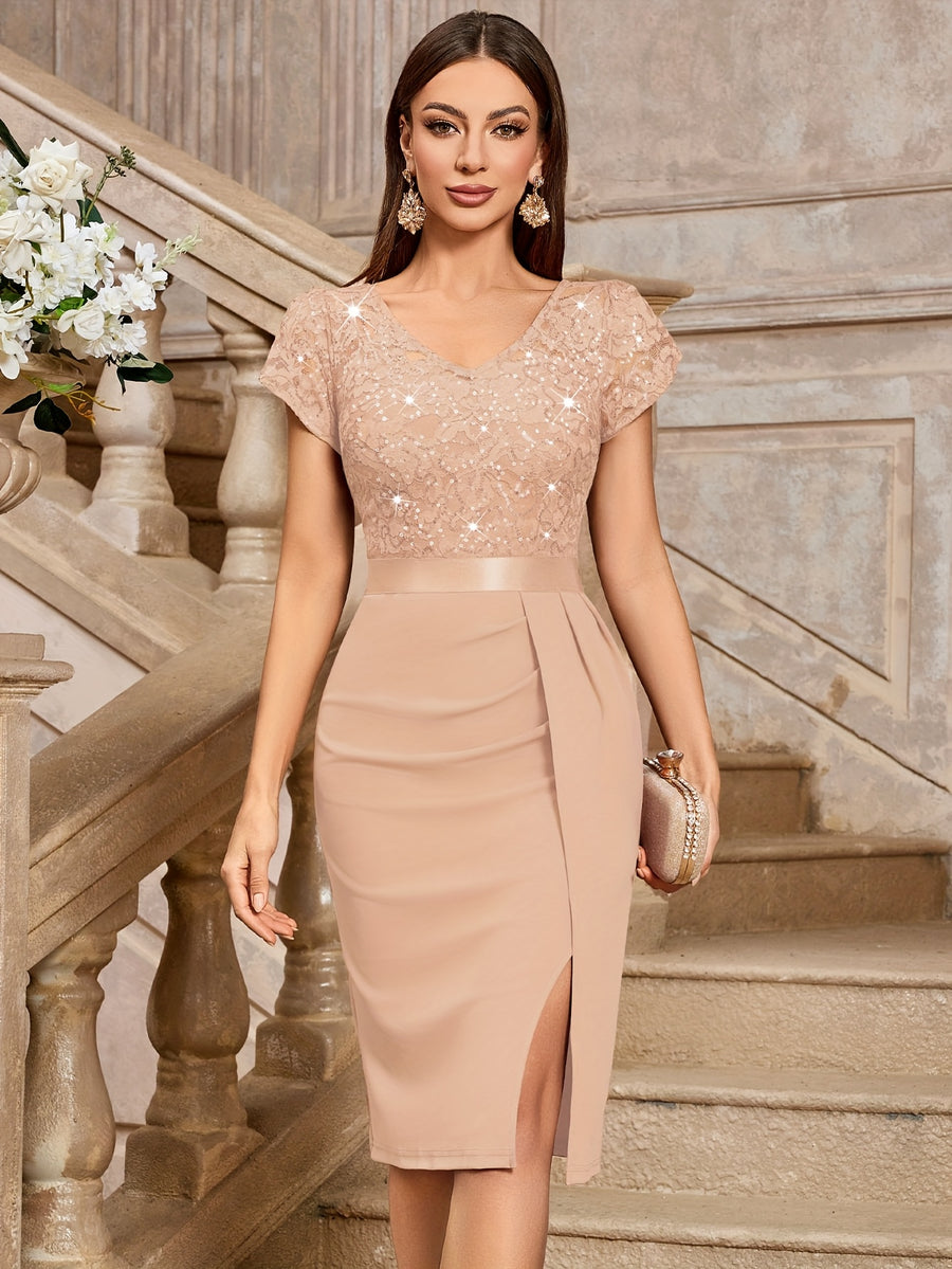 Women's Elegant Sequin Lace Petal Sleeve Double V Neck Ruched Trim Slit Hem Slim Party Dress - Champagne