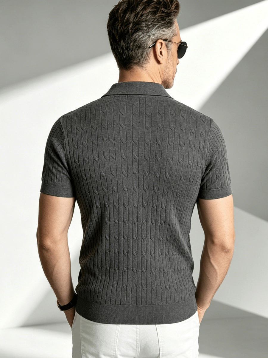 Business-mature Casual Men's Vertical Stripe Twisted Cable Knit Lapel Short-sleeve Polo Shirt, Slim-fit Lightweight Breathable Knit Top, Suitable for Daily, Office, and Weekend Outings in Summer - Grey