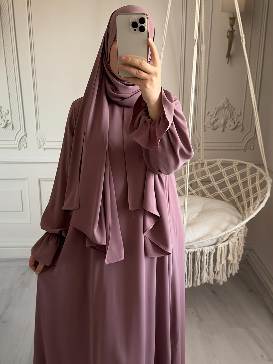 1pc Fashionable, Elegant and Casual One-piece Solid-colored Bellows Sleeve Suitable for Daily Wear. Loose and Comfortable Women's Abaya Robe.abayas for Women Muslim Kleider Damen Abaya for Women Stylish Khimar Ladies Abaya - Pale Pinkish Gray