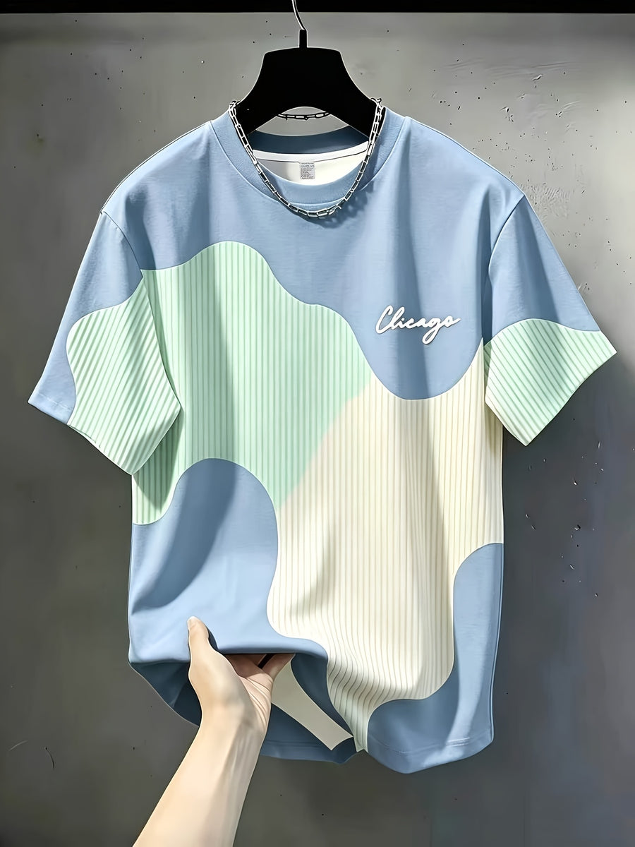 Men'S Casual Round Neck T-Shirt, Geometric Pattern Patchwork Striped Design, Chicago Word Pattern, Drapey Fashion Top, All-Season Wear, Breathable Regular Fit for Casual And Formal Outfits - Round Neck Casual Top, Comfortable Wear - Mixed colors