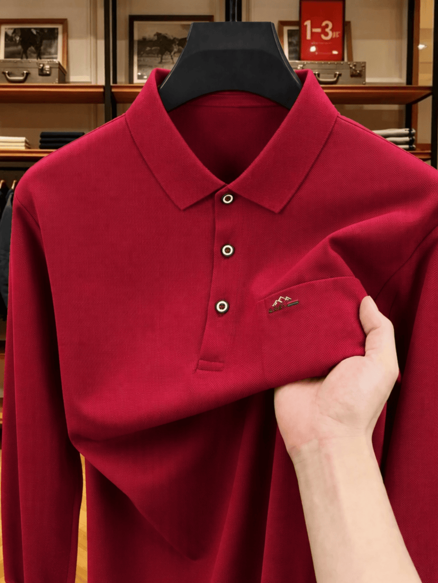 Men'S Clothing Christmas Father'S Day Gifts Golf Fishing Tennis Sports Solid Color Lapel Long Sleeve Polo Shirt Soft Skin Friendly Real Pocket Casual Pullover Top for Middle-Aged Elderly Dad Grandpa Spring Autumn Daily Wear - Burgundy color