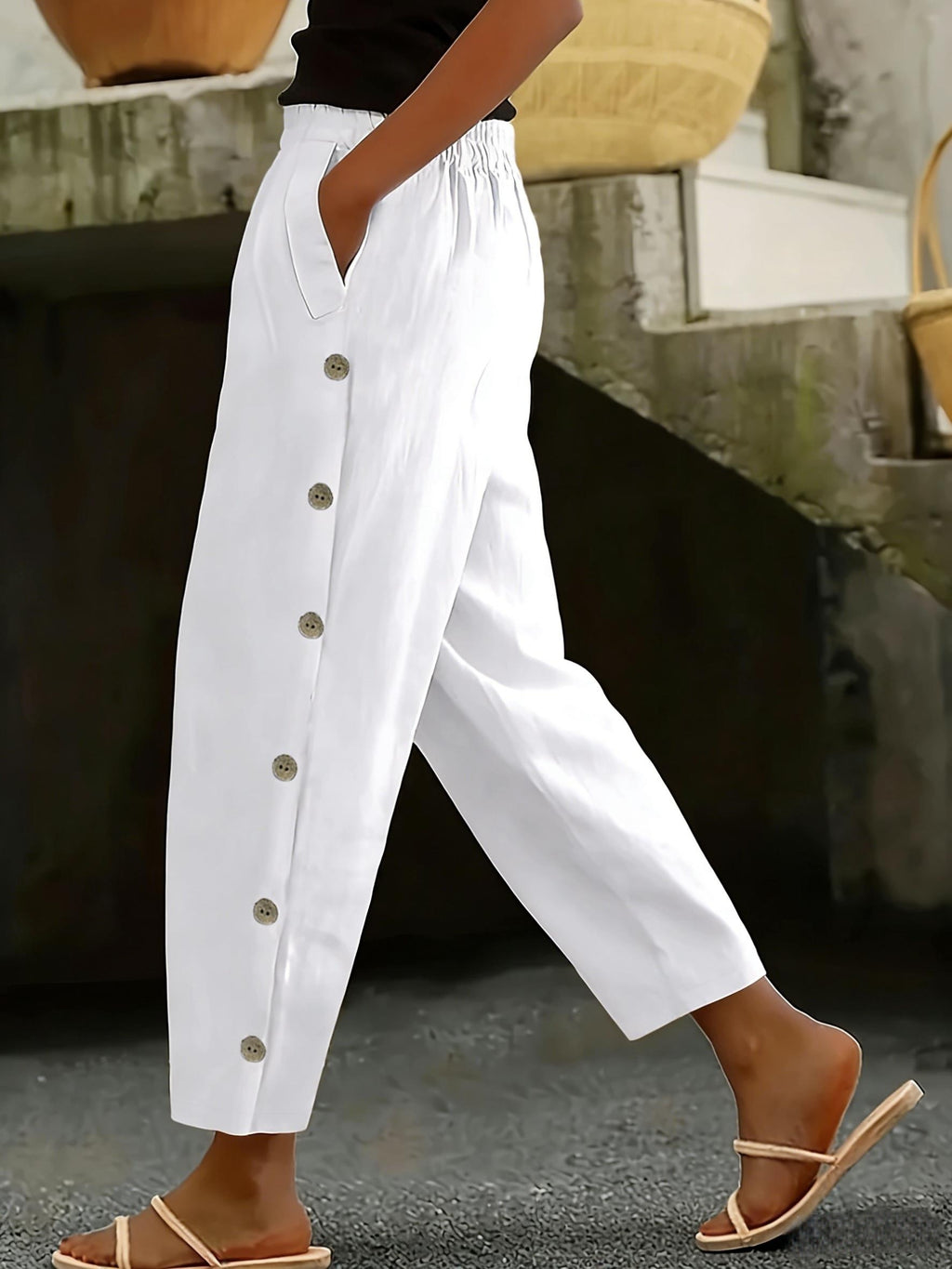 Solid Color Multi-Button Fashion Casual Ankle Pants - Casual Pants 0427 - White