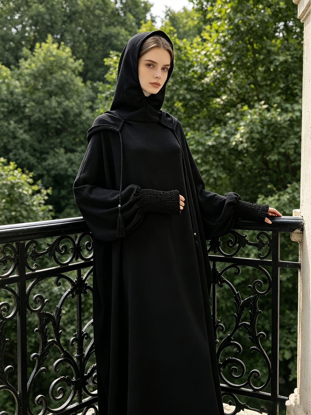 Plus Size - 1pc Women'S Hooded Double-Layer Abaya Dress, Casual Loose Breathable Prayer Robe, Suitable for Daily Wear Or Gifting - Black