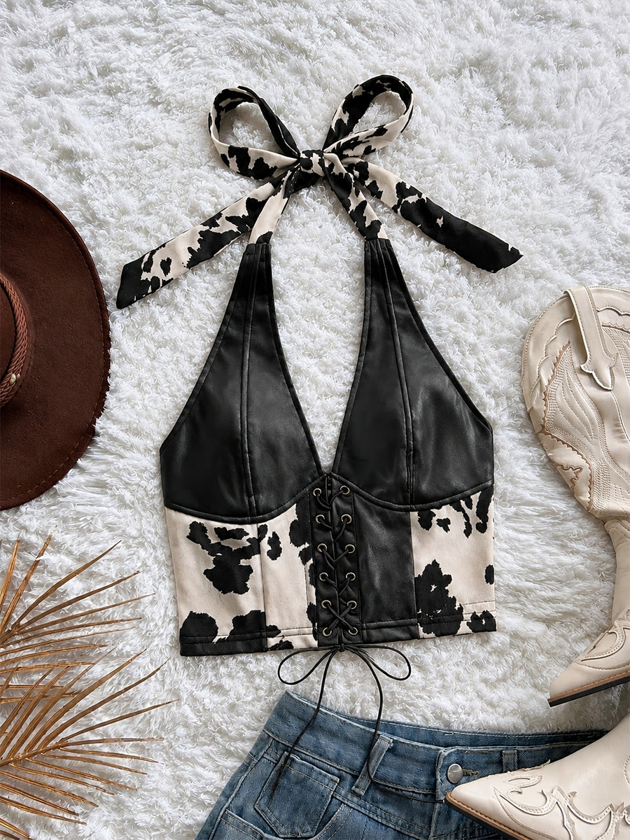 Women's Crop Top with Halter Neck and Front Tie, Cowgirl Top, Earth Tone Top, Coffee Brown Top, Brown Vest, Chocolate Brown Top, Sexy Top, New Year's Outfit, Party Wear Suitable for Date Nights and Evening Parties, Music Festival and Carnival - Deep Grey