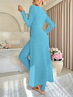 Autumn-Winter Casual Robe and Long Pants Set, High Slit Dress Set, Hair Needle Material, Suitable for Daily Wear, Home Casual Wear - Peacock Blue