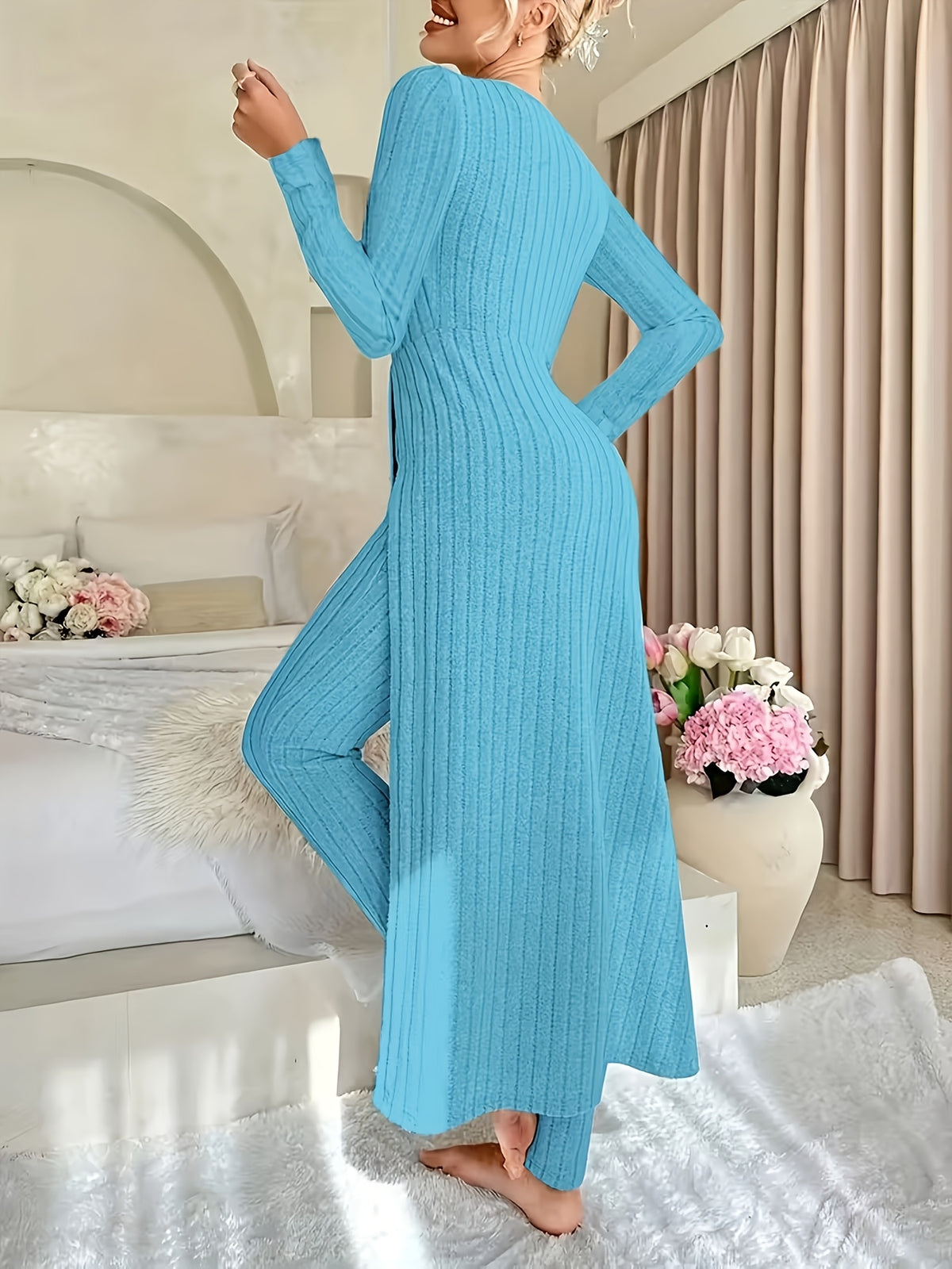Autumn-Winter Casual Robe and Long Pants Set, High Slit Dress Set, Hair Needle Material, Suitable for Daily Wear, Home Casual Wear - Peacock Blue