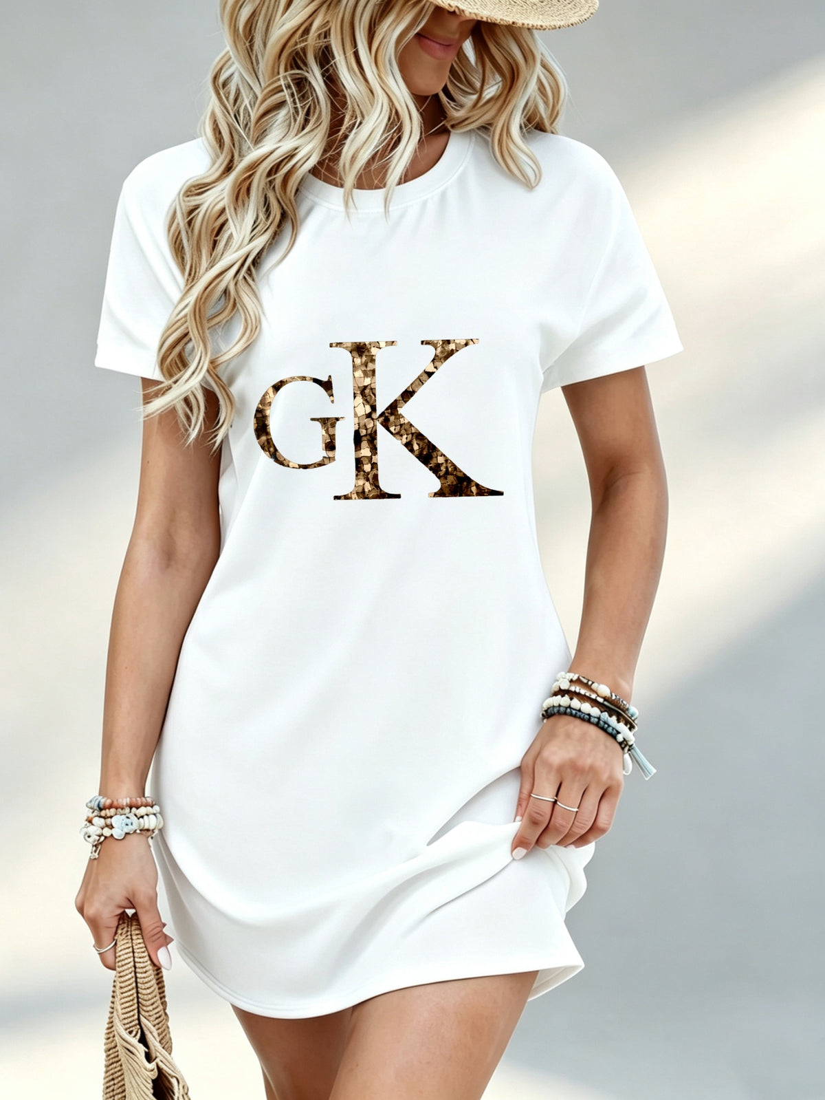 Printed Design Not Textured, Casual Style, Women Dress, Gk Letter Print, Daily Wear, Gift for Her, 100 Percent Polyester - White