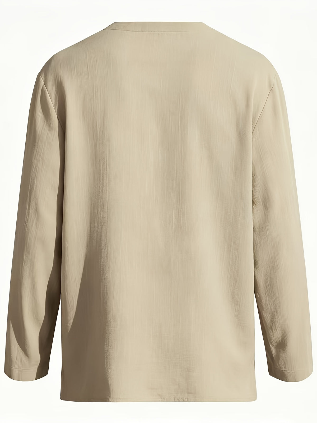 New Summer Solid Color Minimalist Men's Long-Sleeve Shirt, Youth T-Shirt, Trendy Zen-Inspired Shirt for Beach Vacations, V-Neck Loose Fit, Comfortable Casual Wear, Versatile - Apricot