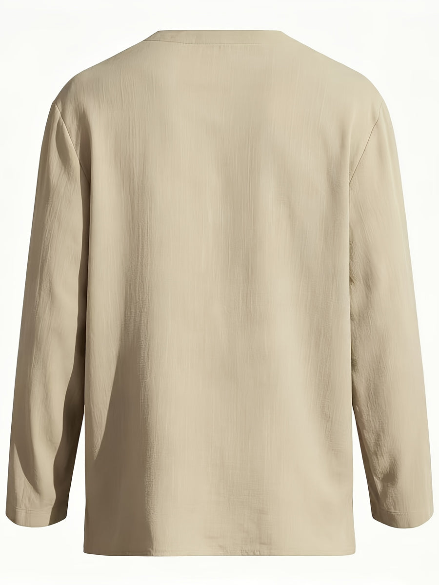 New Summer Solid Color Minimalist Men's Long-Sleeve Shirt, Youth T-Shirt, Trendy Zen-Inspired Shirt for Beach Vacations, V-Neck Loose Fit, Comfortable Casual Wear, Versatile - Apricot