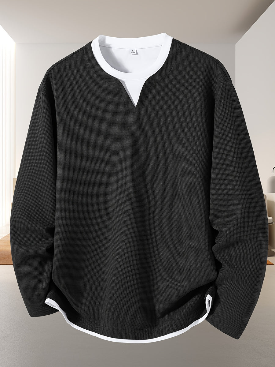 Men'S Long-Sleeve Base Layer Shirt for Spring And Autumn, New Style Faux Two-Piece T-Shirt, Solid Color Waffle Texture Pullover, Fashionable Casual Inner Layer Top with a Stylish Design - Black