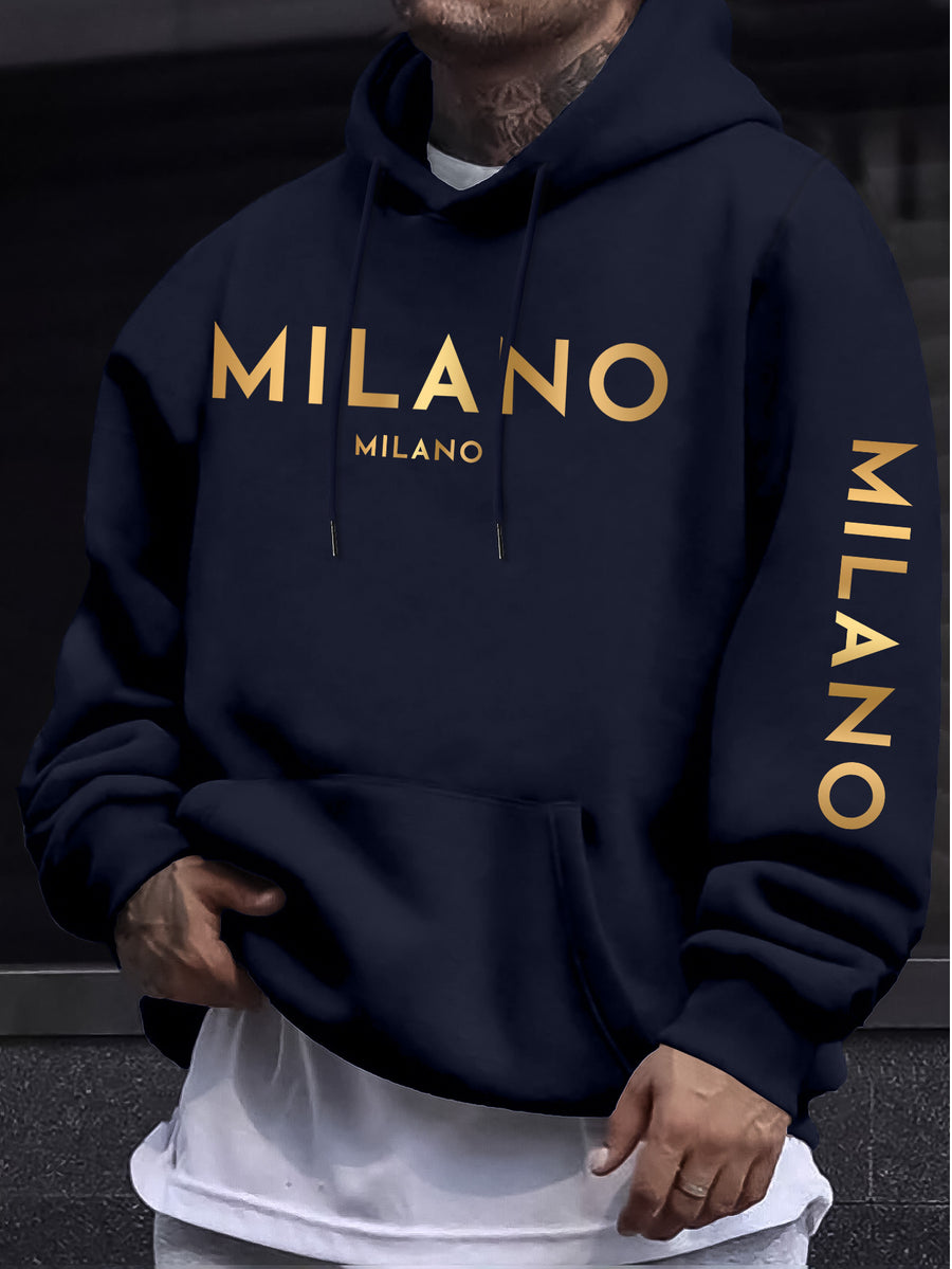Fashion Casual Style Easy Gradient Letter Pattern Men'S Hoodie, Men'S Long Sleeve Hooded Sweatshirt - Navy Color