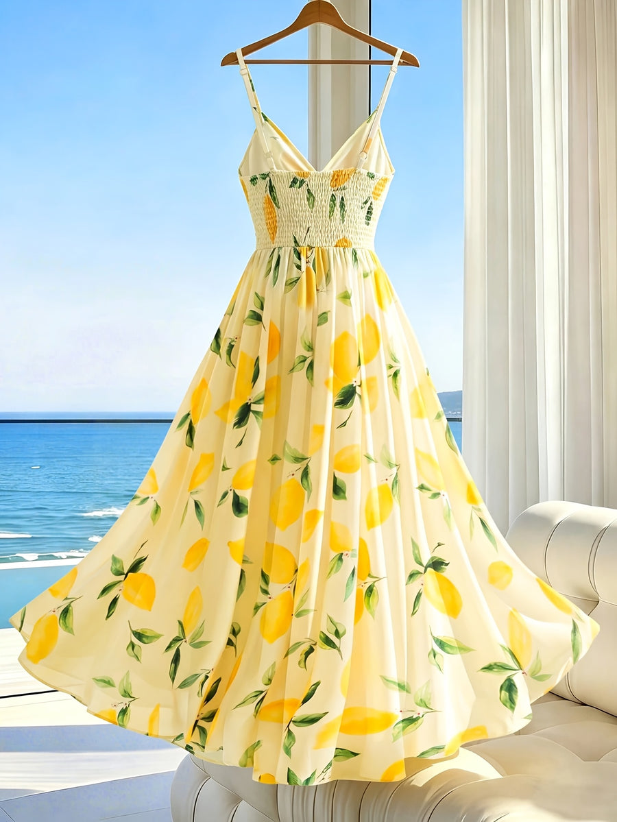 Vacation Style Italian Thin Strap Dress, Women'S Romantic Long Gown - Yellow