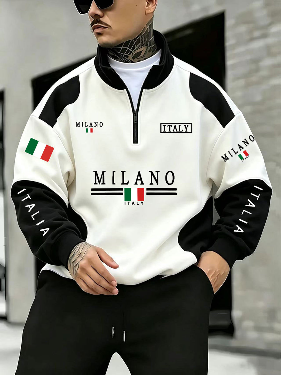 Men'S Individual Multi-Pattern Geometric Print Stand-Collar Sweatshirt, Black And White Contrast Color Patchwork Design, Quarter-Zip with Stand-Collar, Milan Element Sweatshirt - White