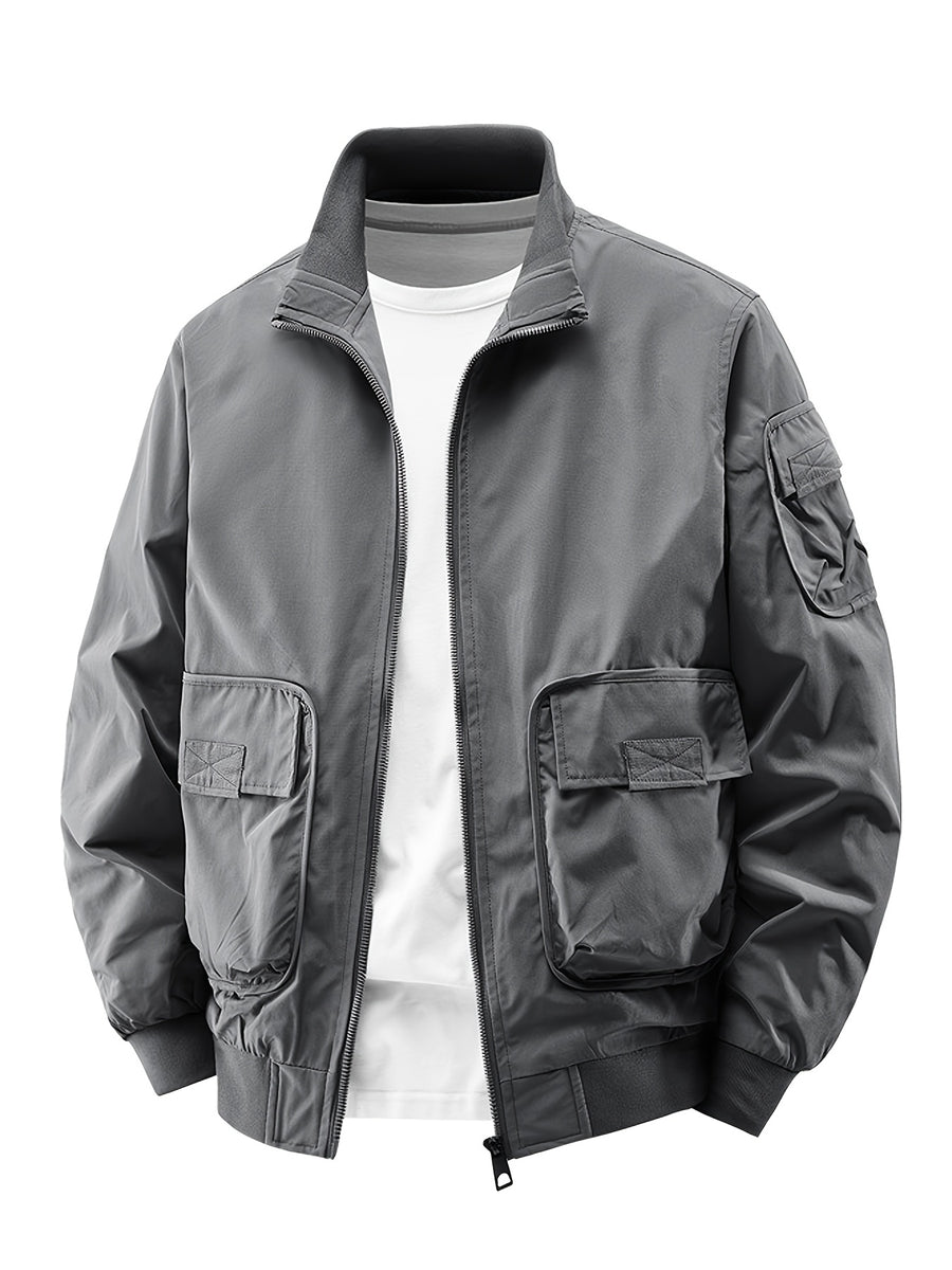 Outdoor Casual Loose Top Stand Collar Men'S Spring Autumn Men'S American 3D Pocket Flight Jacket Baseball Uniform Work Jacket Men - Grey