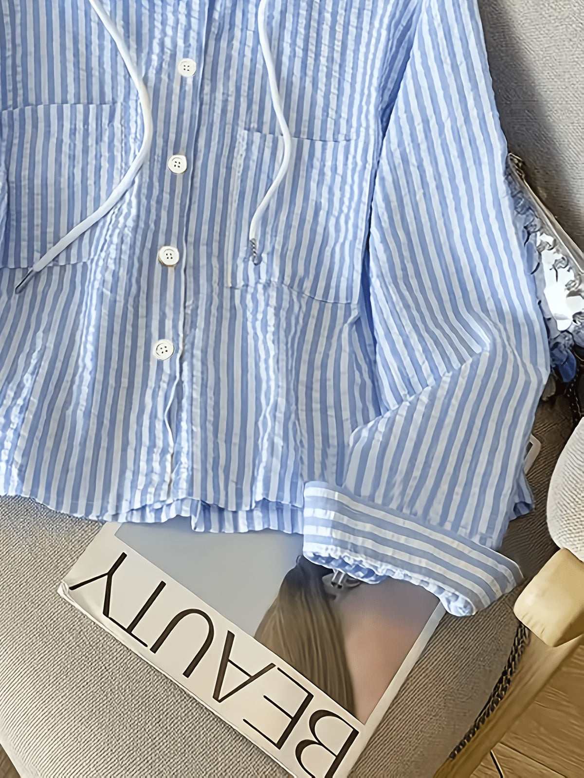 Blue Striped Loose-fit Hoodie, Long-sleeved Shirt - Blue Stripes