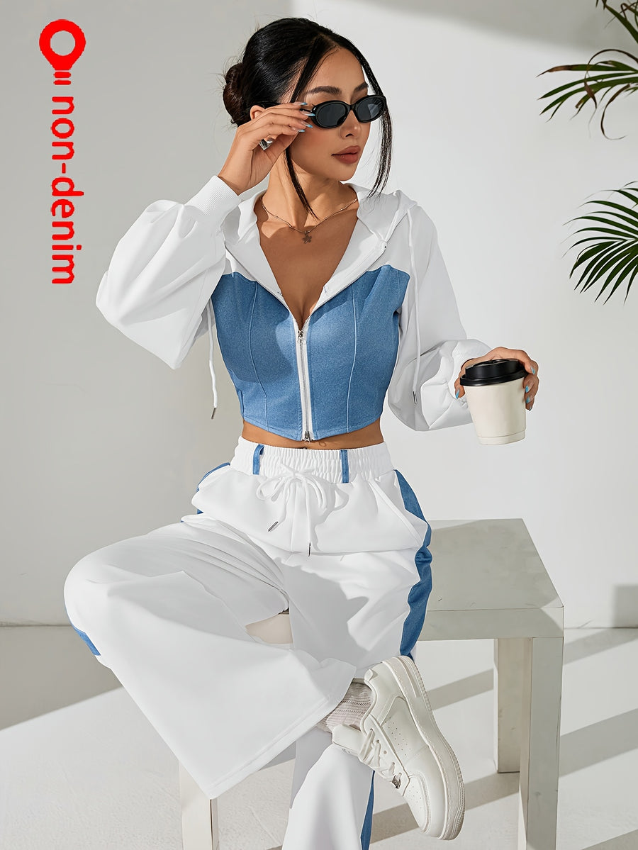 Women'S Suit Spring Long Sleeve Hooded Short Top And Long Pants Ladies Contrast Patchwork Elegant Two-Piece Set Autumn Casual Wear - White