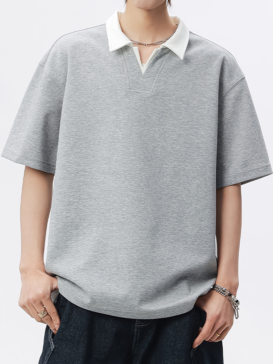 Summer Lapel Short Sleeve Polo Shirt Men'S Loose Premium V-Neck Design Versatile Short Sleeve Top - heather grey