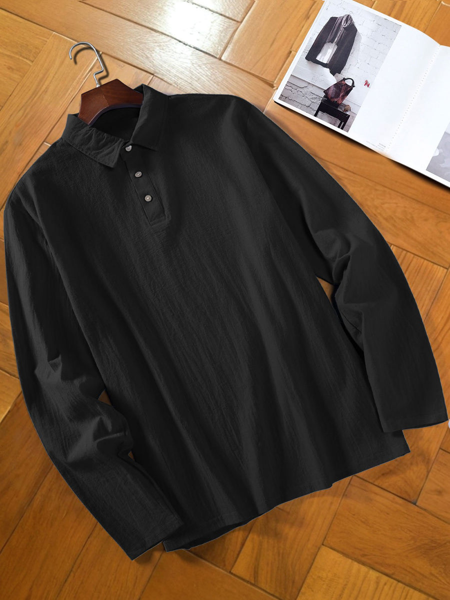 Men's Fashion Long-Sleeve Linen Shirt - Seaside Vacation Casual Top, Button-Up with Half-Open Placket, Lightweight, Loose, and Comfortable, Perfect as a Summer T-Shirt or Gift - Black
