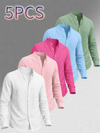 Zhiyu OBM Men's New Stand Collar Solid Color -Look Long Sleeve Shirt 5pcs Set, Simple Stand Collar Design, High-Quality Men's Long Sleeve Button- Shirt for Spring, Autumn, and Winter - Suitable for Outdoor Leisure, Vacation, Travel, and Formal Wear - White + Pink + Rose Red + Sky Blue + Green